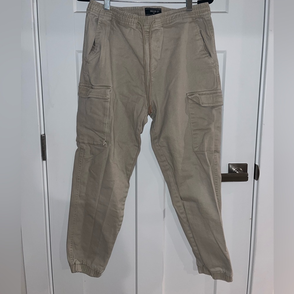 Forever 21 men’s Slim-Fit Drawstring Cargos in tan, size:L